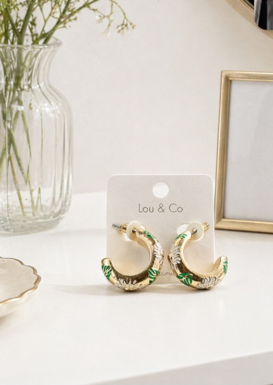 Lou & Co Gold Green White Floral Hoop Earrings New